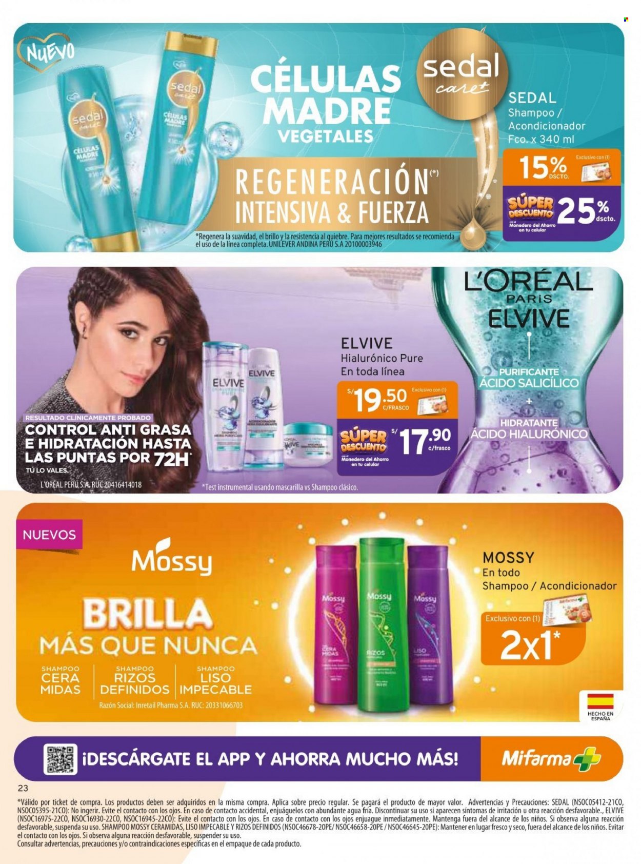Folleto actual Mifarma - 1.9.2023 - 30.9.2023 - Ventas - L'Oréal, champú, máscara, acondicionador, Elvive, shampoo y acondicionador, Ácido Hialurónico. Página 23.