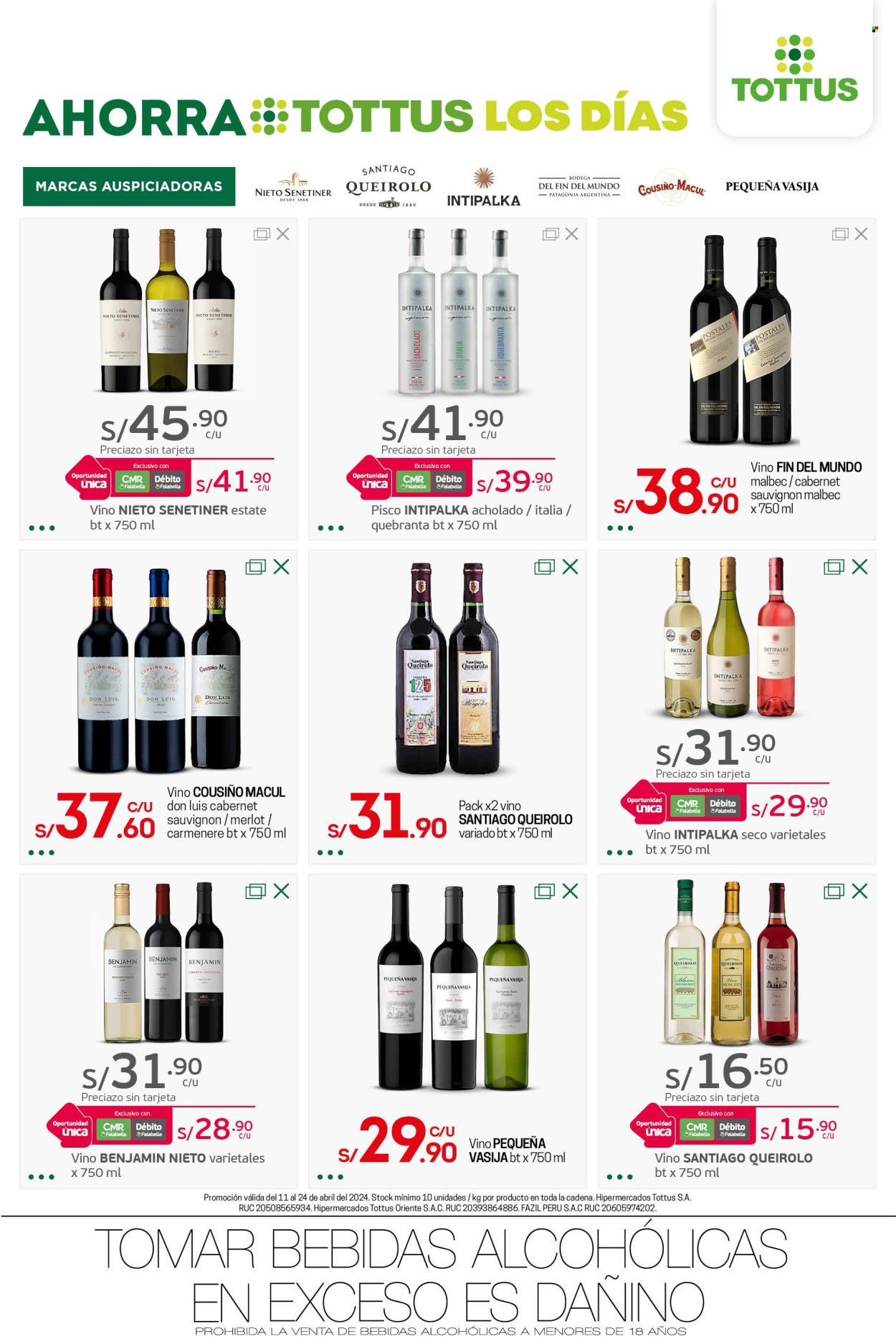 thumbnail - Folleto actual Tottus - 11.4.2024 - 12.5.2024 - Ventas - bebida alcohólica, vino, Cabernet Sauvignon, Chardonnay, vino blanco, Moscato, Malbec, pisco. Página 14.